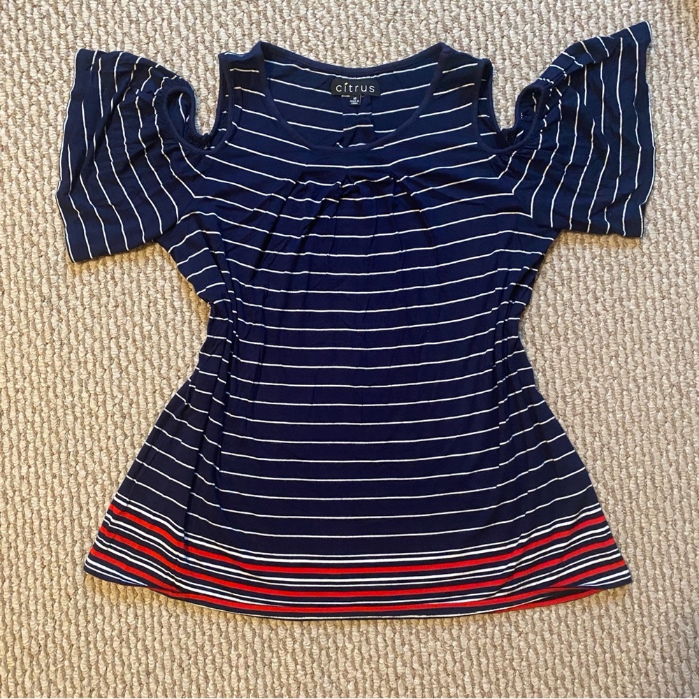 Red white and blue striped cold shoulder blouse